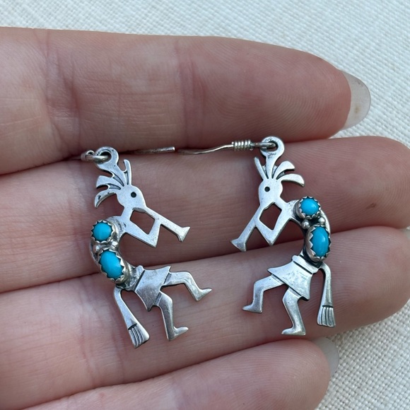 Vintage Sterling Silver Kokopelli Turquoise Dangle Earrings - Picture 3 of 6